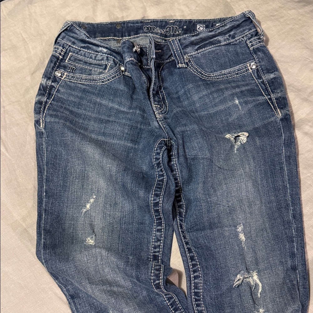 Miss Me Blue Boot Cut Jeans with White embroidery with Jewels - Picture 3 of 5